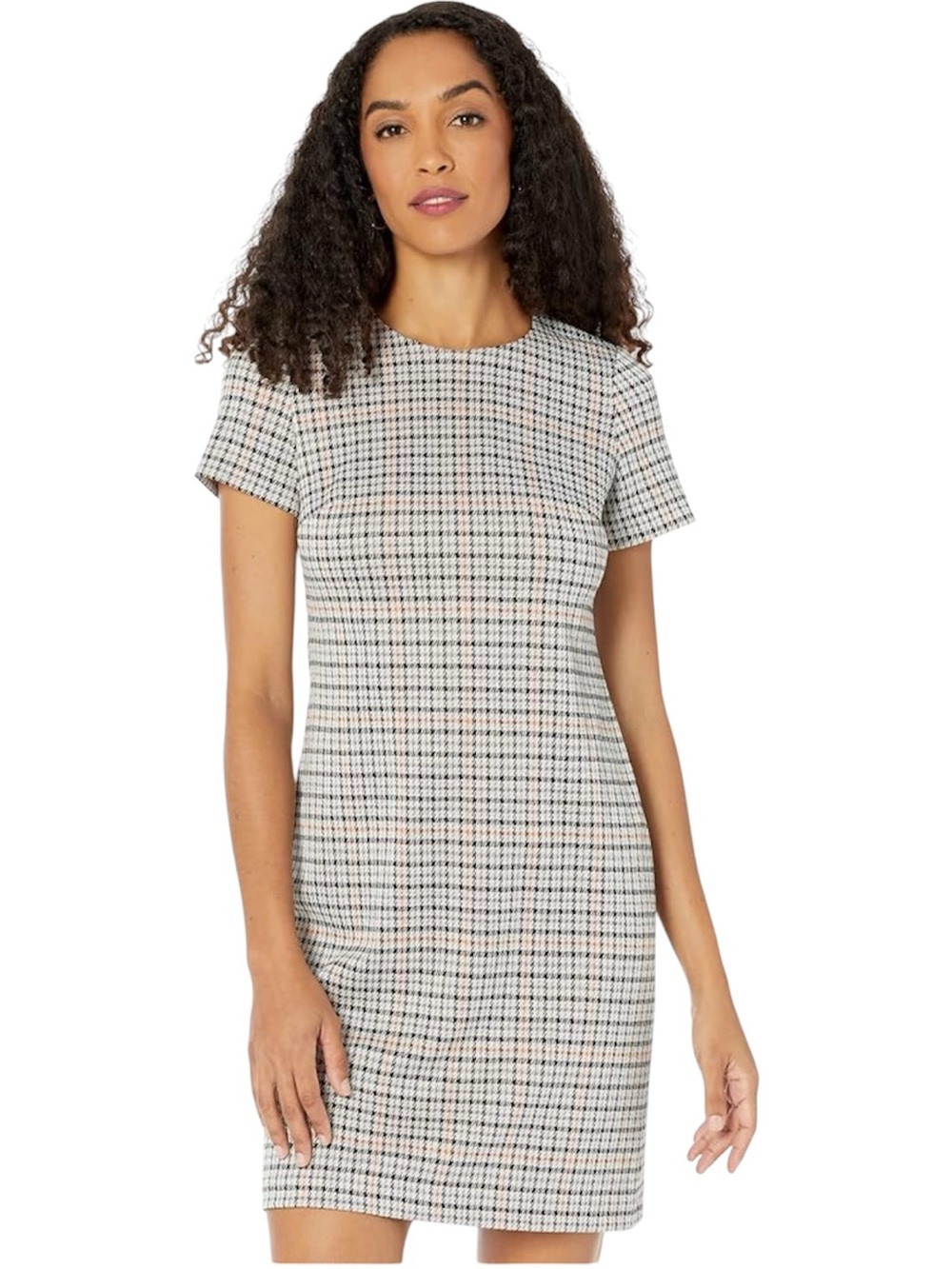 Calvin Klein Plaid Sheath Dress Short Sleeve Gold Zipper Back Size 8